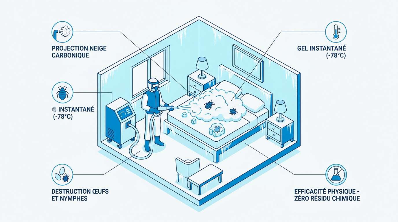 Technicien appliquant un traitement par cryogénisation contre les punaises de lit